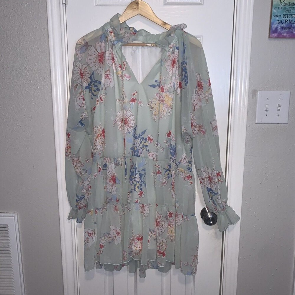 Altar'd State Sheer Mint Green Floral Cottegecore Babydoll Tiered Dress Medium - Picture 2 of 9